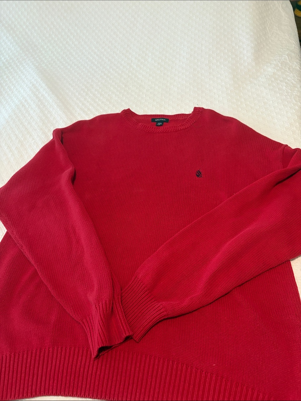 Nautica Men's Bright Red Crewneck Sweater with Navy Logo